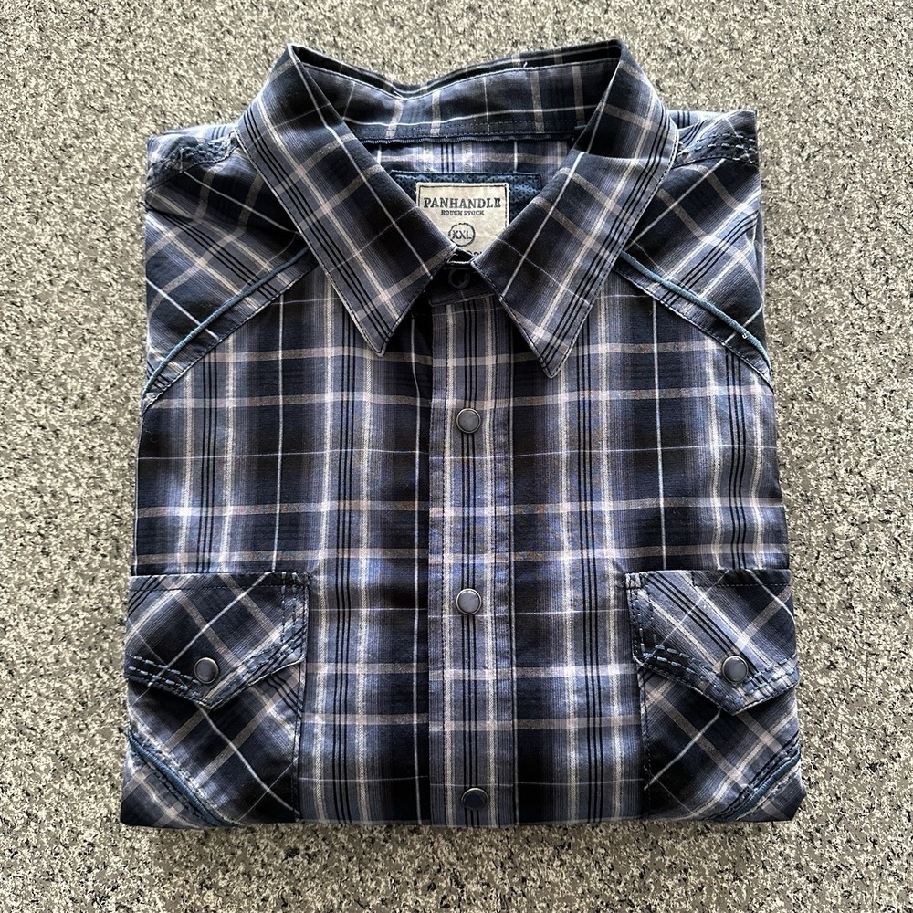 Panhandle Shirt Western Pearl Snap Men's XXL Plaid Blue‎ Cotton Rough Stock